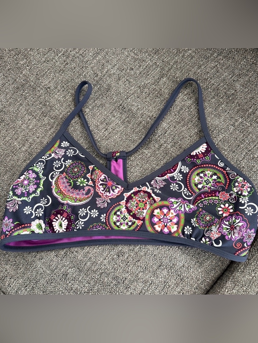 Athleta Floral Medallion Crossback Sports Bra Bikini Swim Top Purple Gray L 🌸